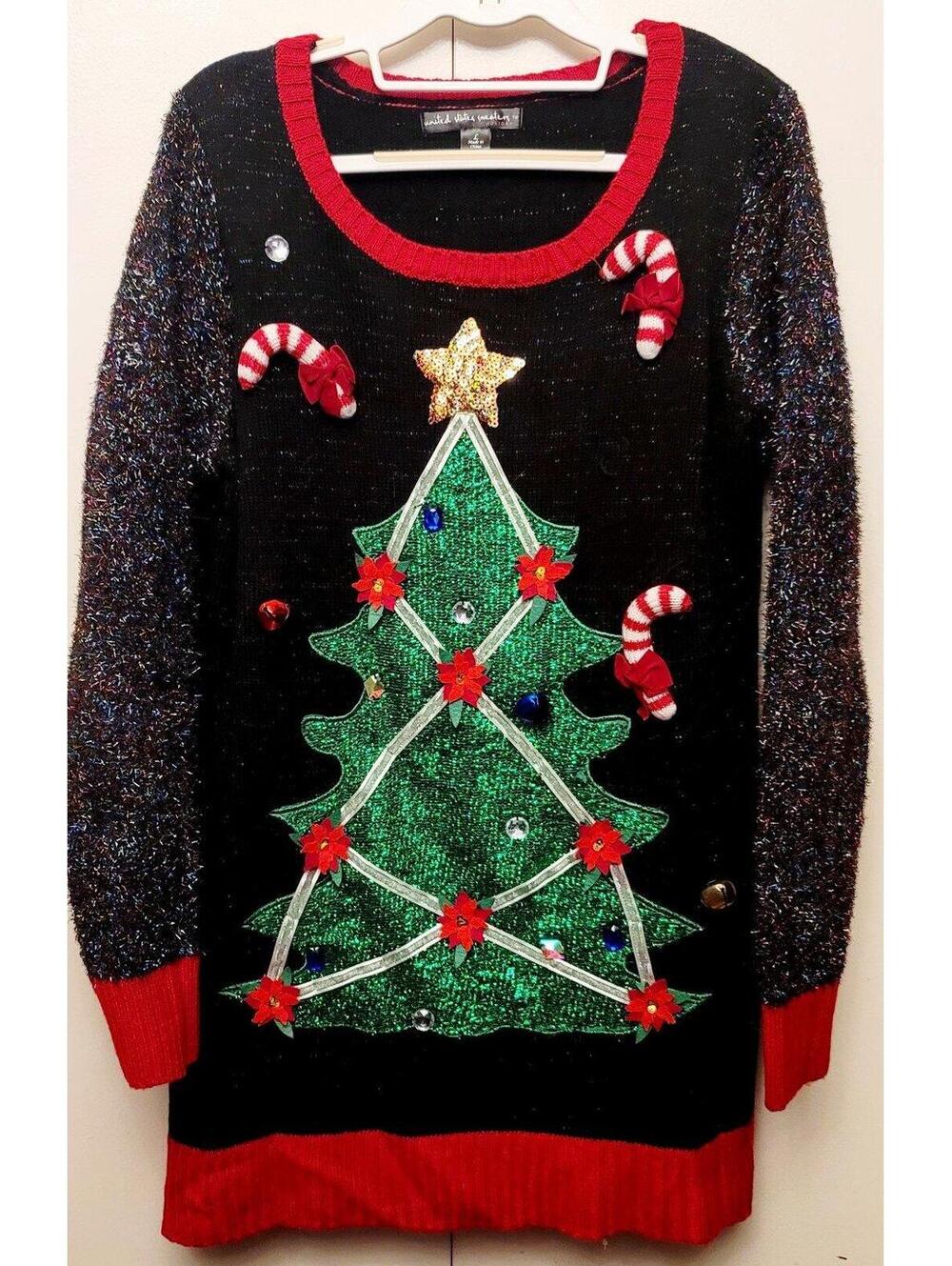 Women's Festive Christmas Sweater Dress with Sequined Tree and Candy Cane Accets